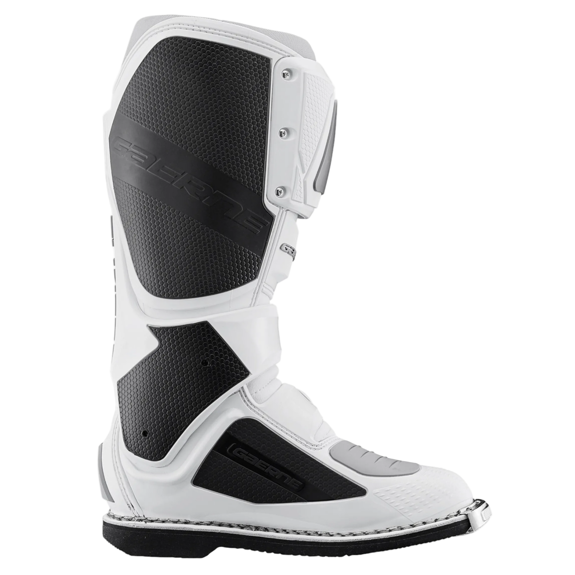 White and black motorcycle boot on a white background