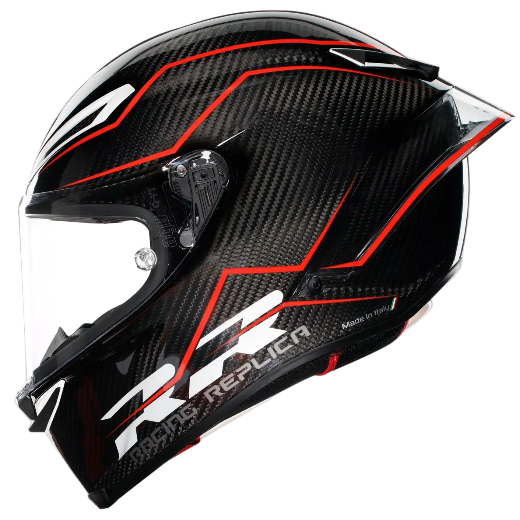 A full-face motorcycle helmet in glossy black carbon fiber with red graphic accents and a clear visor, shown on a light gray background.