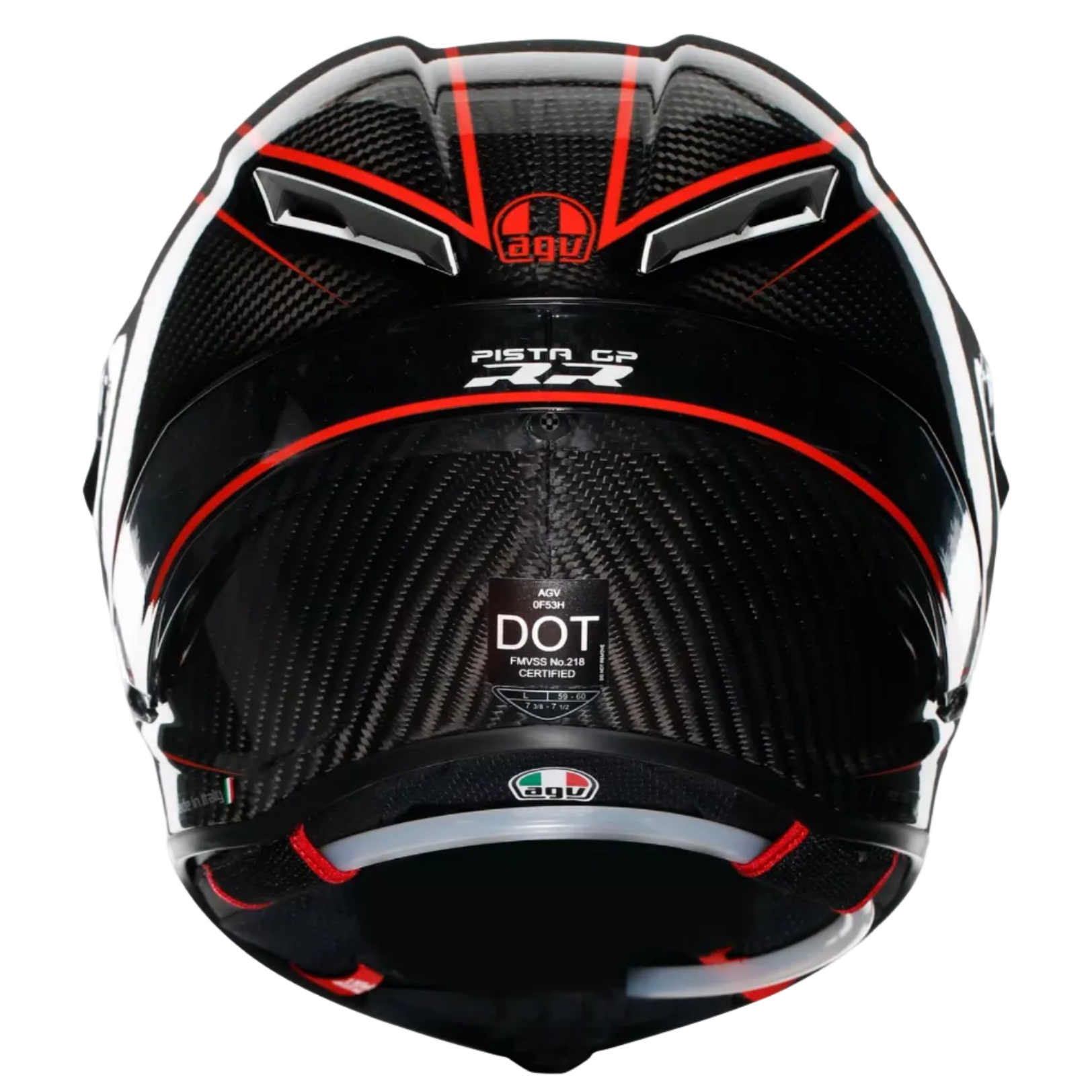 A rear view of an AGV full-face motorcycle helmet in black with a carbon fiber pattern and red accents, featuring a clear visor, on a light gray background.