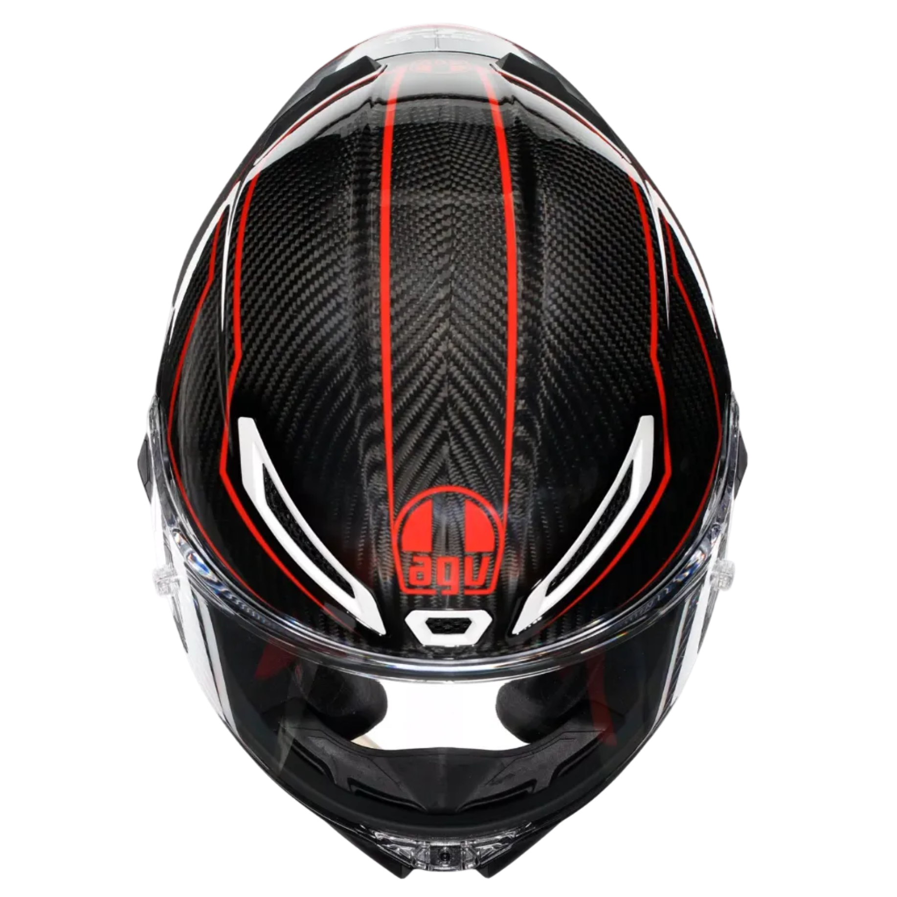 A full-face motorcycle helmet with a glossy black carbon fiber pattern, accented by vibrant red stripes and white graphic details, shown from a top-down view on a light gray background.