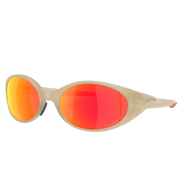 Oval sunglasses with a translucent beige frame and mirrored lenses that shift from orange to red, shown on a light gray background.
