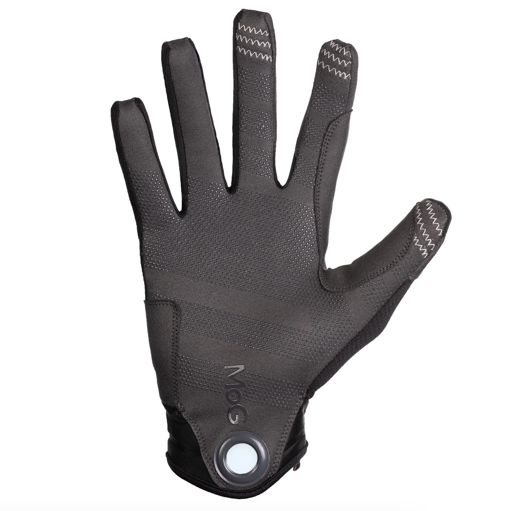 A single black textured glove shown flat against a white background, with a circular silver button on the wrist and white zigzag stitching details on the fingers and thumb.