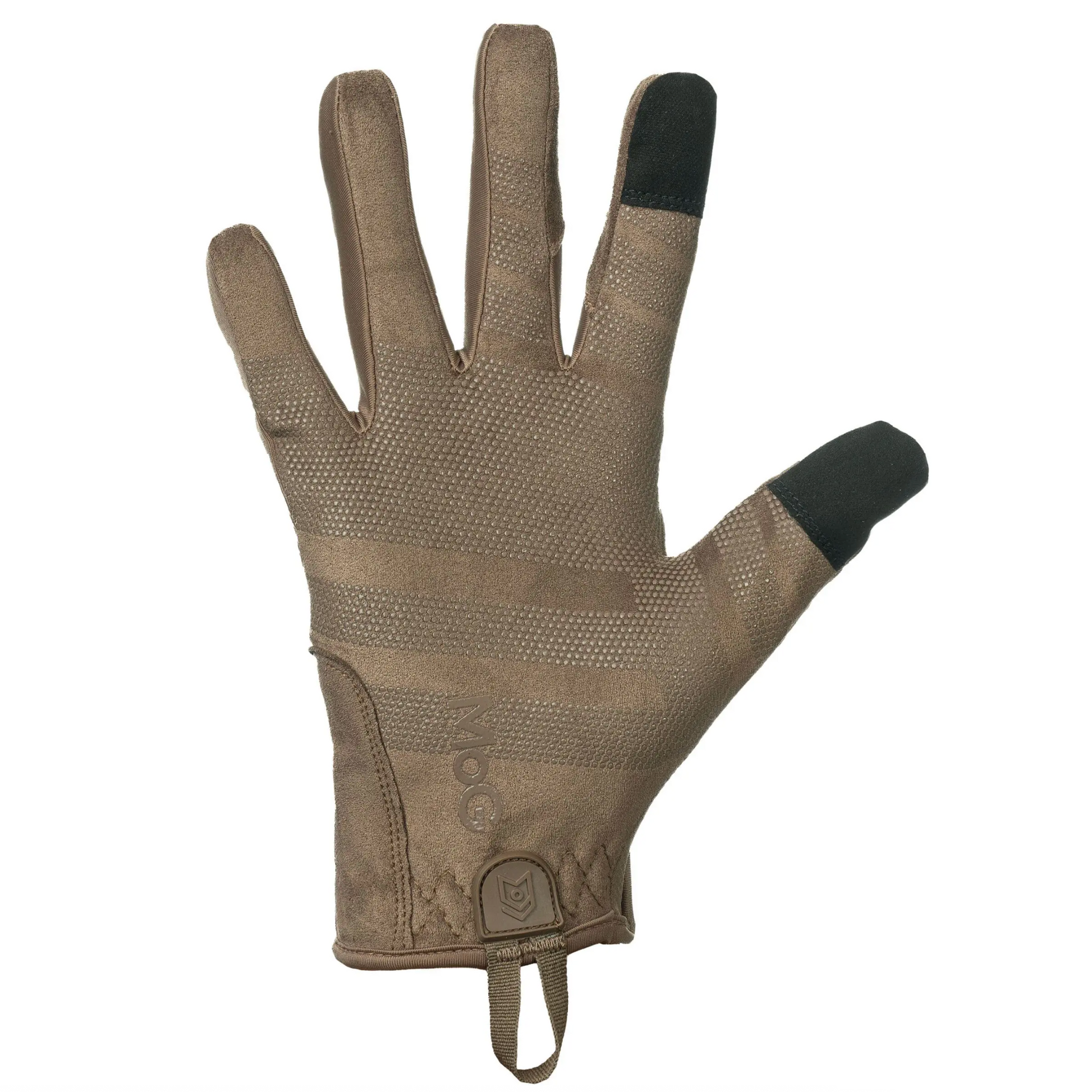 A single tactical glove in coyote brown with black fingertips, shown flat against a white background.