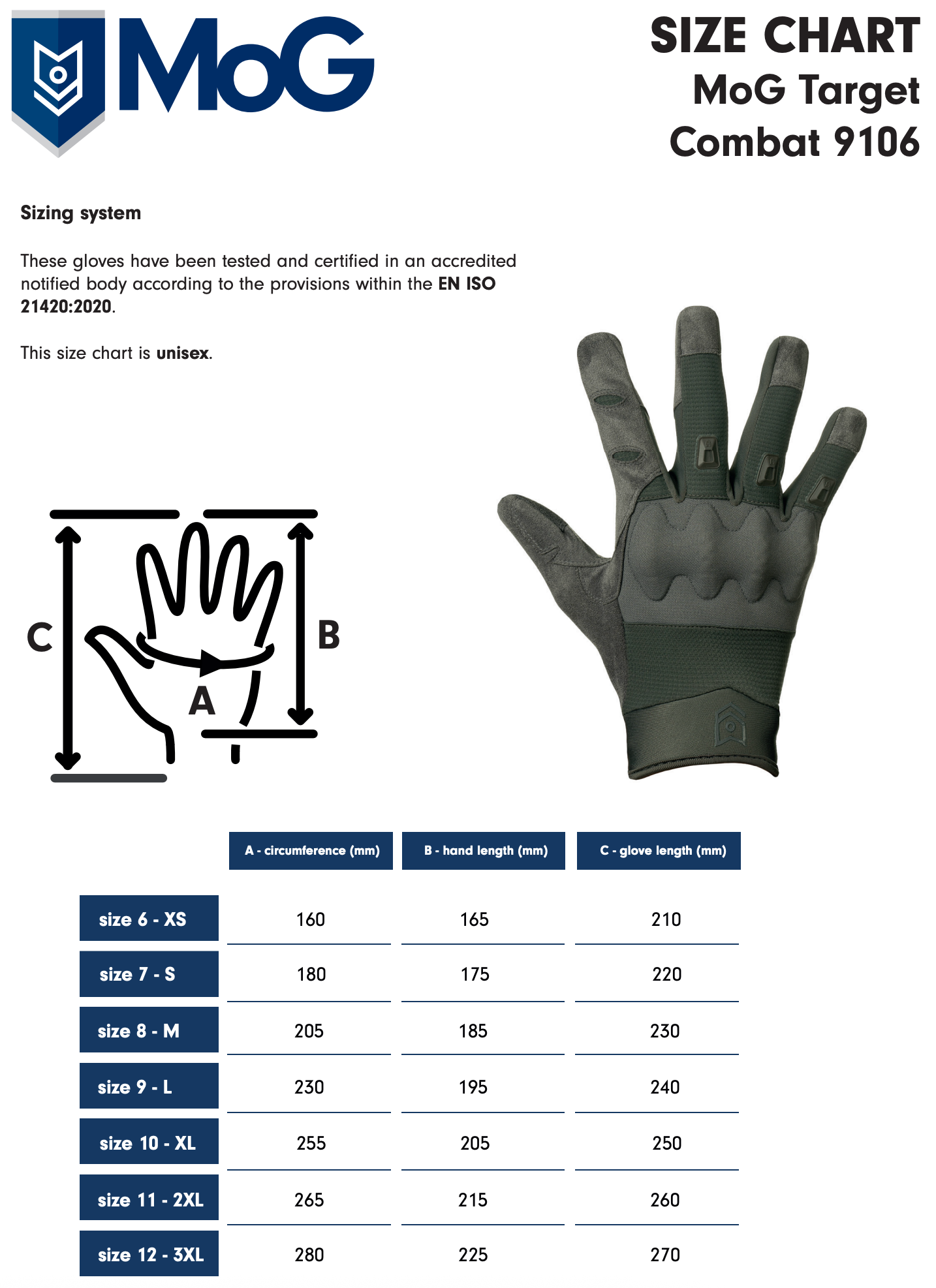 MoG size chart for Combat 9106 gloves, showing a hand measurement diagram, a black glove illustration, and a size table with glove measurements from XS to 3XL.