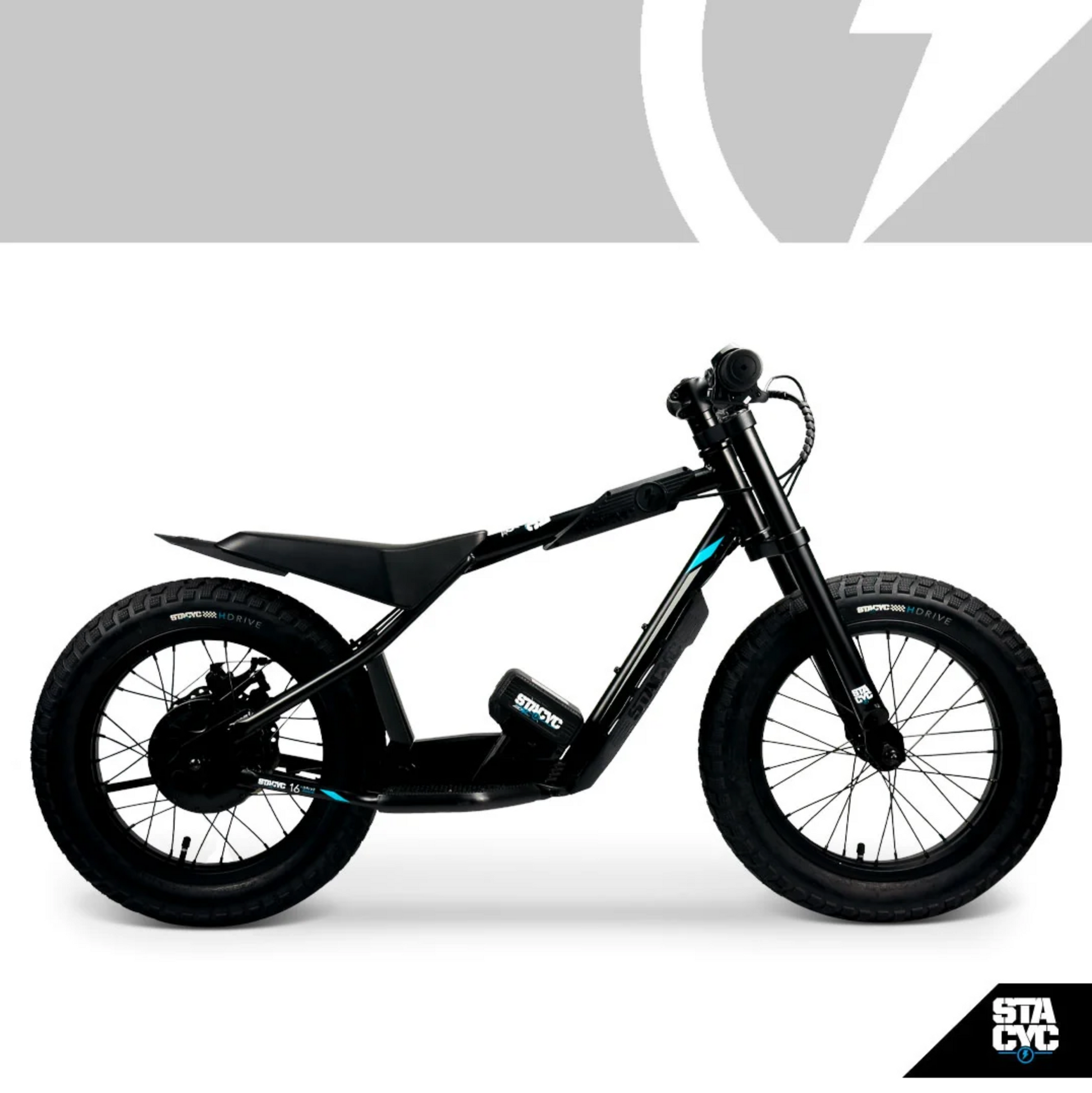 Black electric bike on a white background with a visible brand logo.