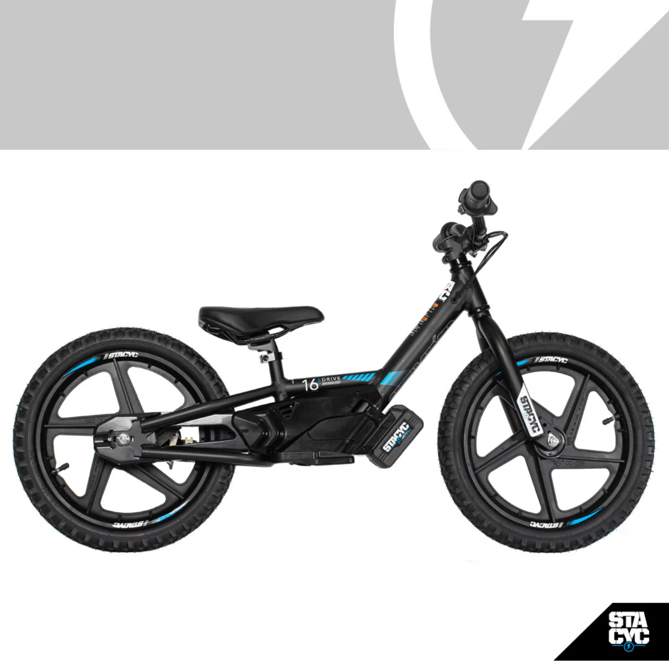 A black electric balance bike with a step-through frame, black seat, and black wheels with blue accent stripes, shown from a side profile on a white background with a gray graphic header.