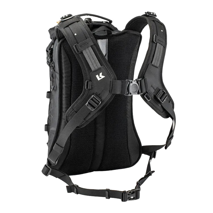 Black backpack with multiple straps on a white background